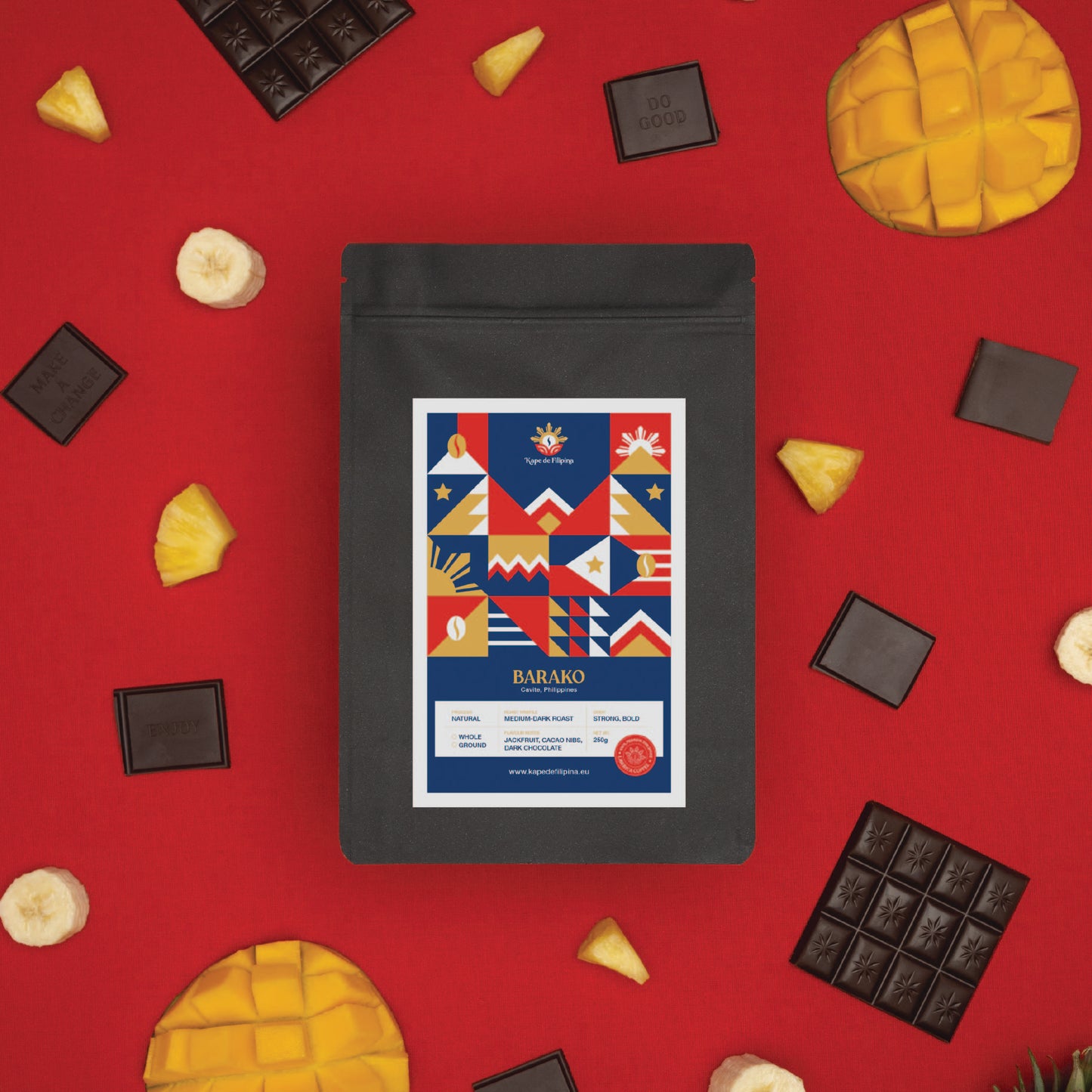 A package of Liberica coffee surrounded by assorted chocolate pieces and fruit slices on a red background.